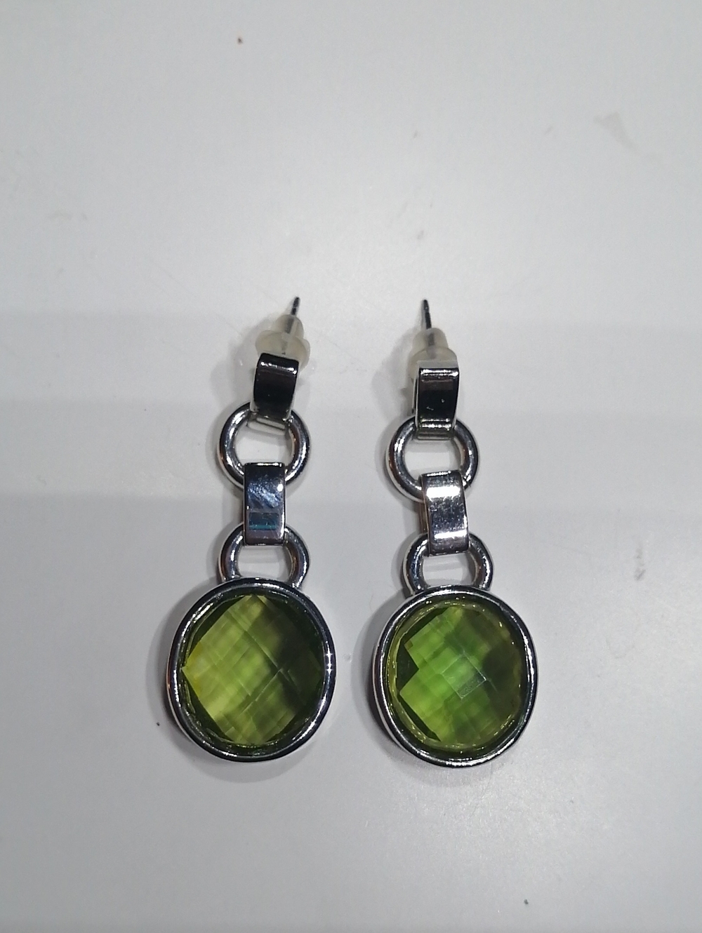 Anne Klein Green Faceted Glass Dangle Earrings Silver Tone